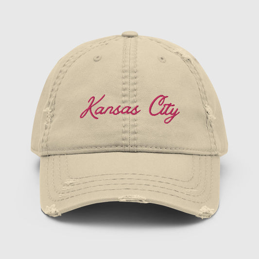 Cursive Kansas City Distressed Dad Hat - Khaki & Hot Pink